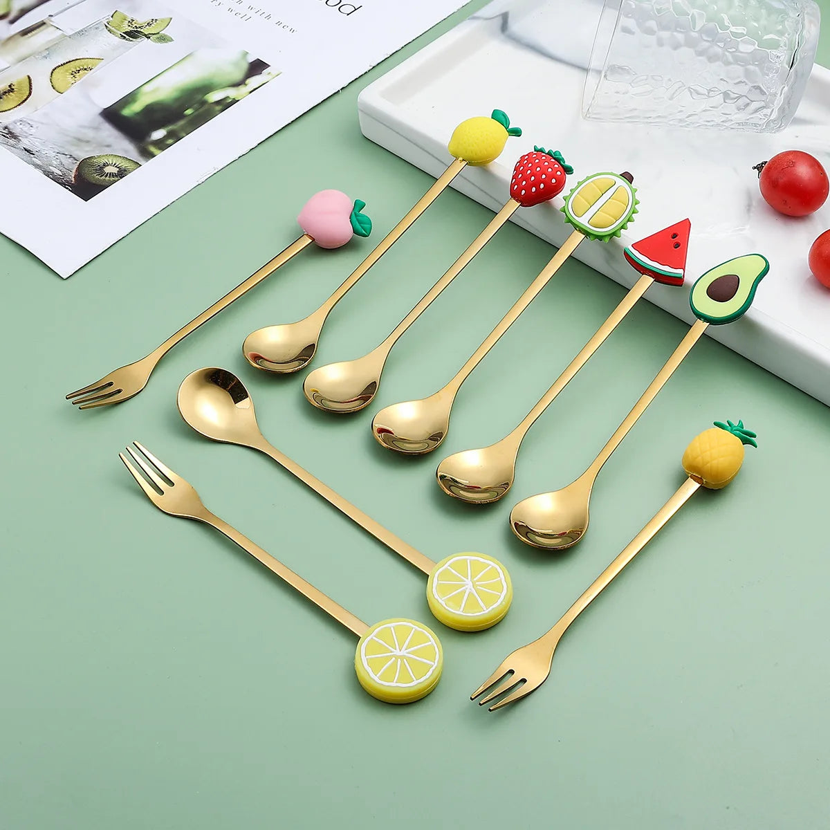 Stainless Steel Dessert Spoon Cartoon Fruit Cute Animal Shape Decoration Coffee Ice Cream Spoon Fruit Fork Metal Cutlery Set