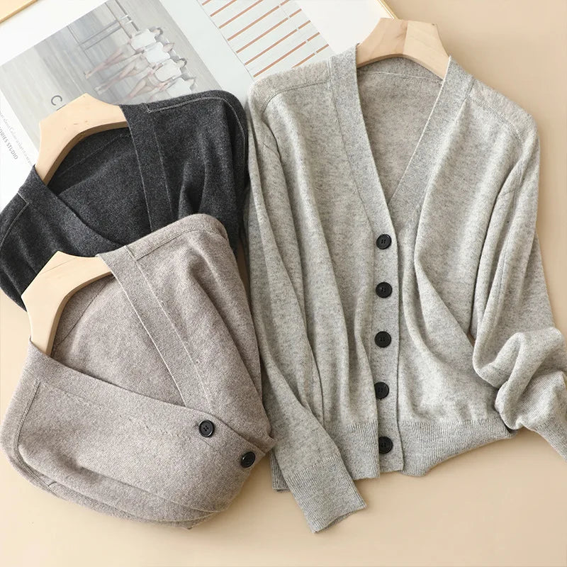 Women's 100% Cashmere Cardigan Office Lady Style Button Long Sleeve Thin Grey Spring Summer Autumn