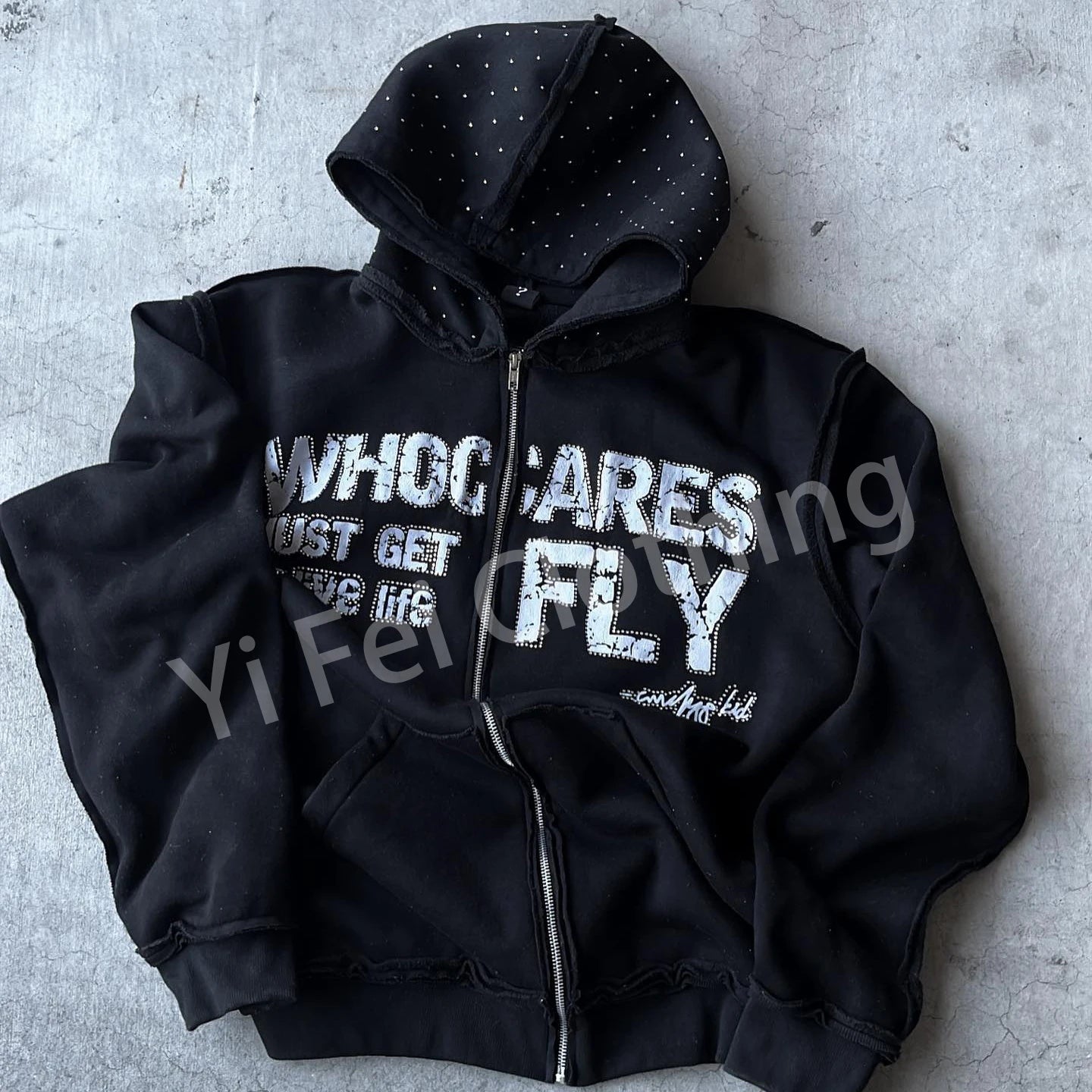 Custom 400 Gsm French Terry Cotton Rhinestone Pullover Vintage Wash Embroidery Patch Zip up Hoodie