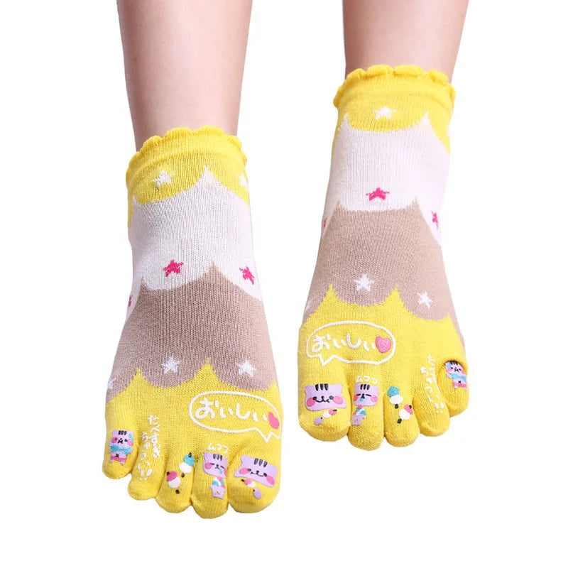 Women's Mid-Tube Five-Toe Socks 100% Cotton Solid Fruit Letter Slogan Bear Cute Sweet Girl Fashion Ankle Knitted Techniques
