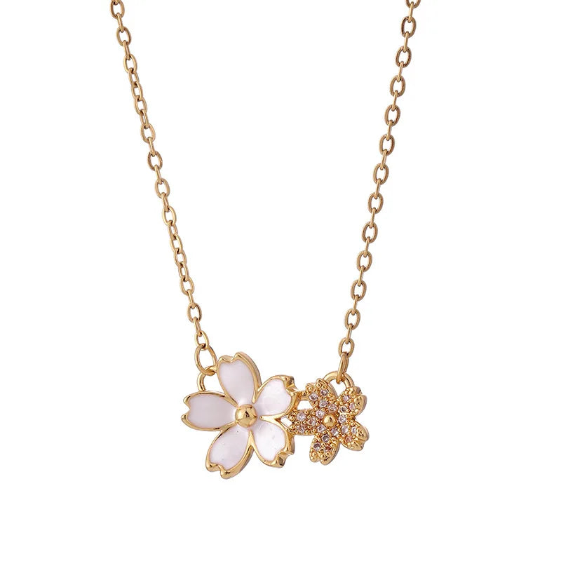 Stainless Steel Women Lily Pendant Necklace Dripping Paint Crystal Rhinestone Diamond Simple Titanium Steel Gold Chain Necklace