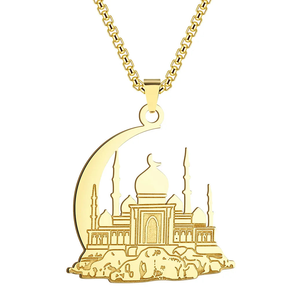 SC Wholesale Crescent Muslim Necklace Islamic Necklace Gold Plated PVD Stainless Steel Necklace for Men