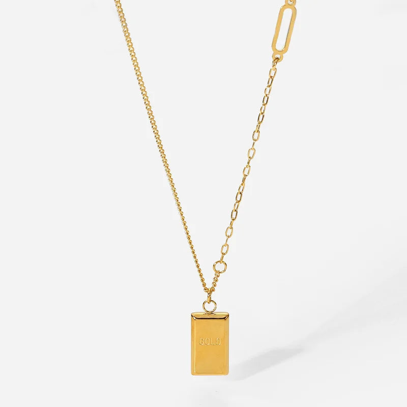 Waterproof Stainless Gteel Gold Square Pendant Necklace Paperclip Thin Splicing Link Chain Necklace for Women