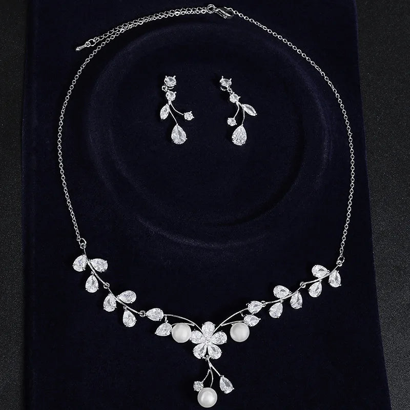 Jewelry Set Zircon Necklace & Earrings Bridal Wedding Engagement Party Gold Plated Jewelry Accessories