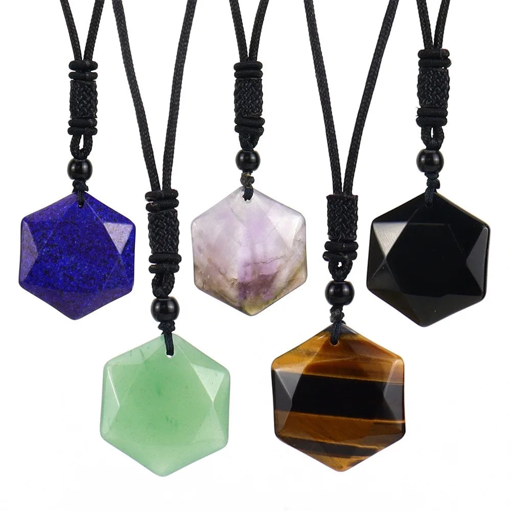Natural Gemstone Pendant Six Star Crystal Pendant Handmade Wired Hexagon Necklace for Women Men