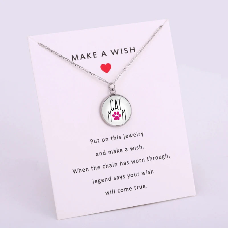 Dog Cat Person Lover Dog Cat Mom Stainless Steel Base Glass Cabochon Live Love Rescue Mom Dog Cat Paw Pendant Necklaces