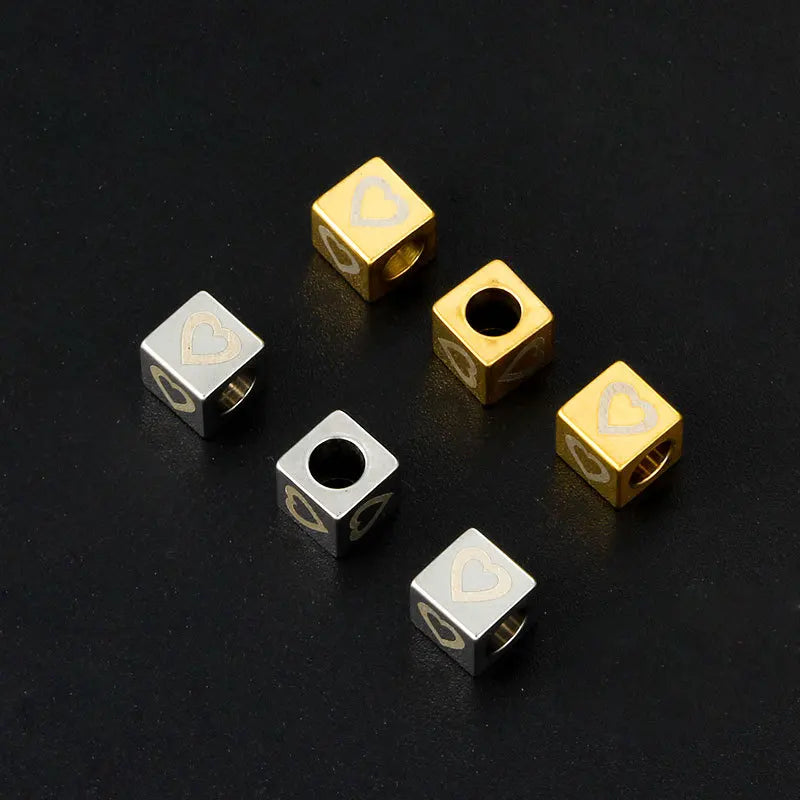 Fashion 4.5mm Large Hole Stainless Steel Square Spacer Beads PVD Gold Plated Engraved Love Heart Loose Beads for Jewelry Making