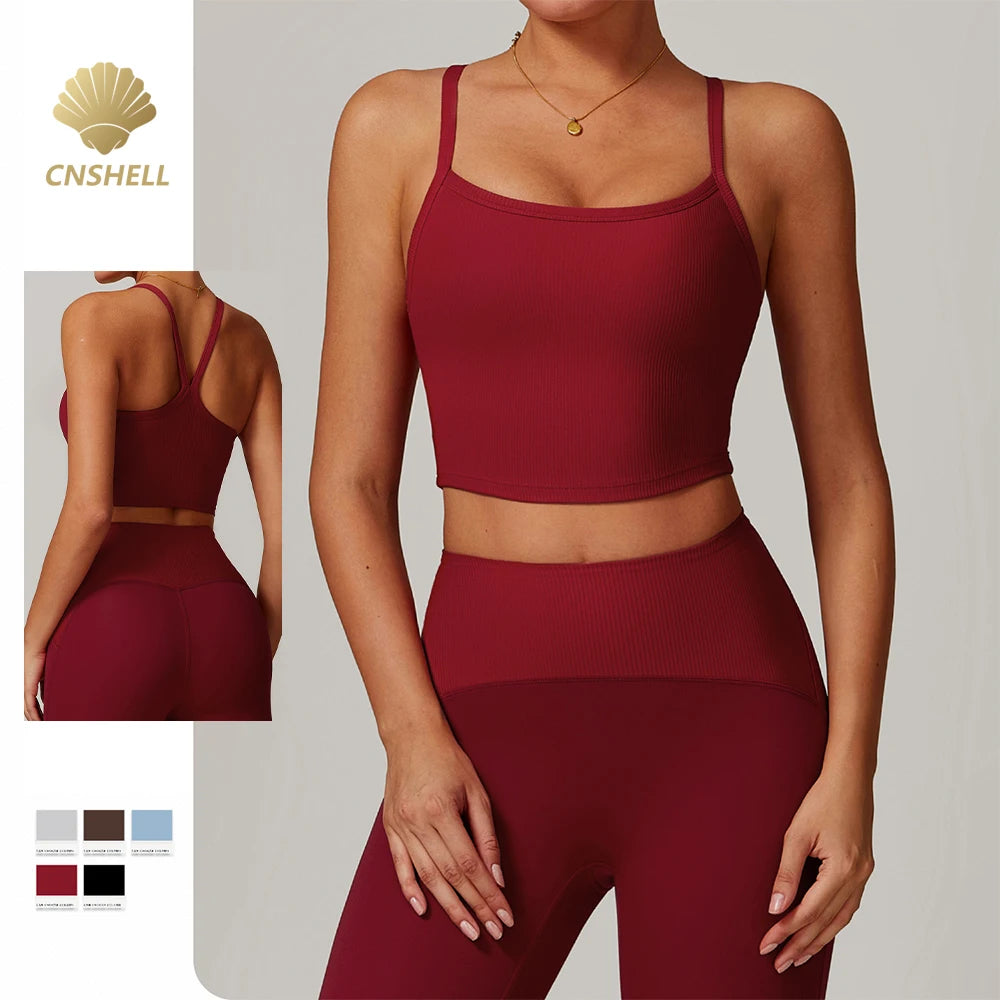 CNSHELL Custom Logo Ribbed Beautiful Back Thin Shoulder Strap Square Neck Yoga Workout Gym Fitness Sports Tank Top