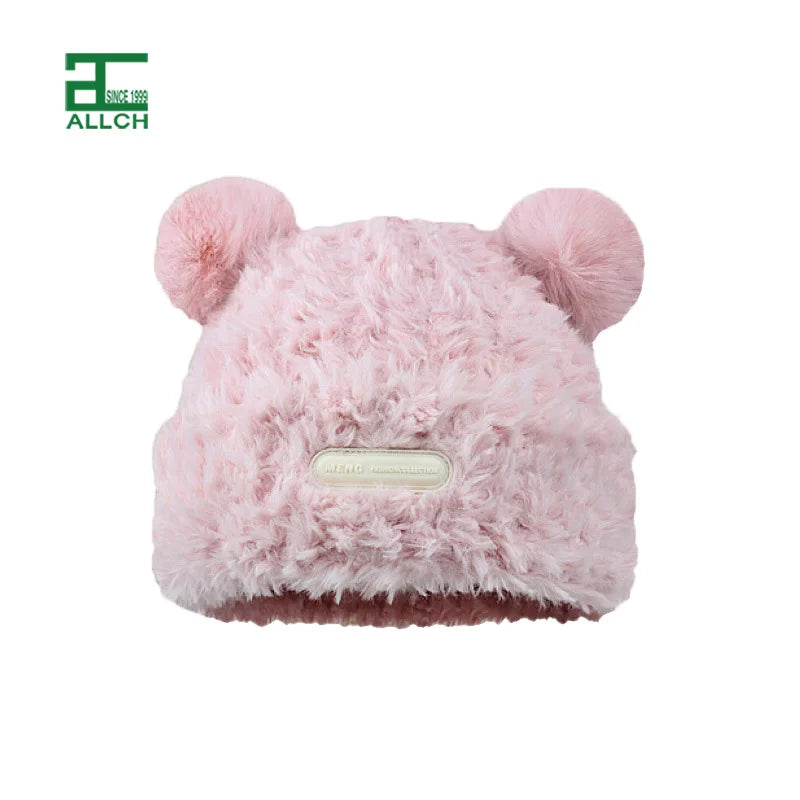 Allch Custom Newest Novelty Fluffy Winter Beanie Hat Kids Fluffy Fur Pom Warm Knitted Colorful Hats