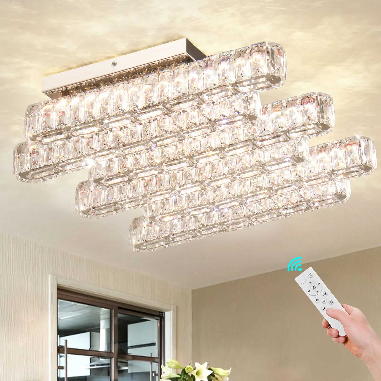 20.4'' Modern K9 Crystal LED Ceiling Light Fixture Long Square Design Dimmable for Bedroom Flush Mount Home Lighting