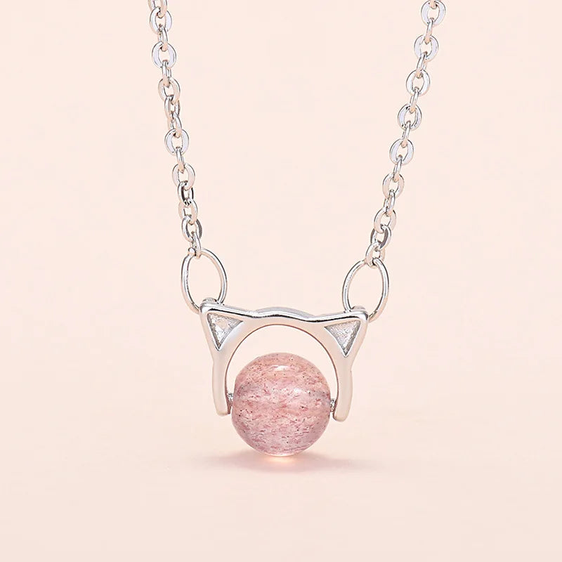 S925 Sterling Silver Bead Strawberry Crystal Gemstone Necklace Female Pink Choker Necklace Fashion Jewelry Necklaces for Women