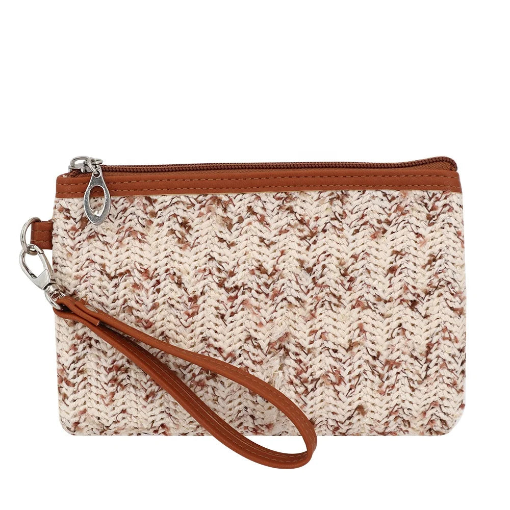 Straw Clutch Bag Straw Material Zipper Wallet Bohemian Summer Beach Straw Wristlet Handbag Cosmetic Evening Bag for Women Girl