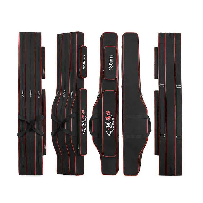 Customizable Dual-Use Fishing Rod Backpack Bag Large Canvas Black Red Three-Layer Carrying System with My Logo