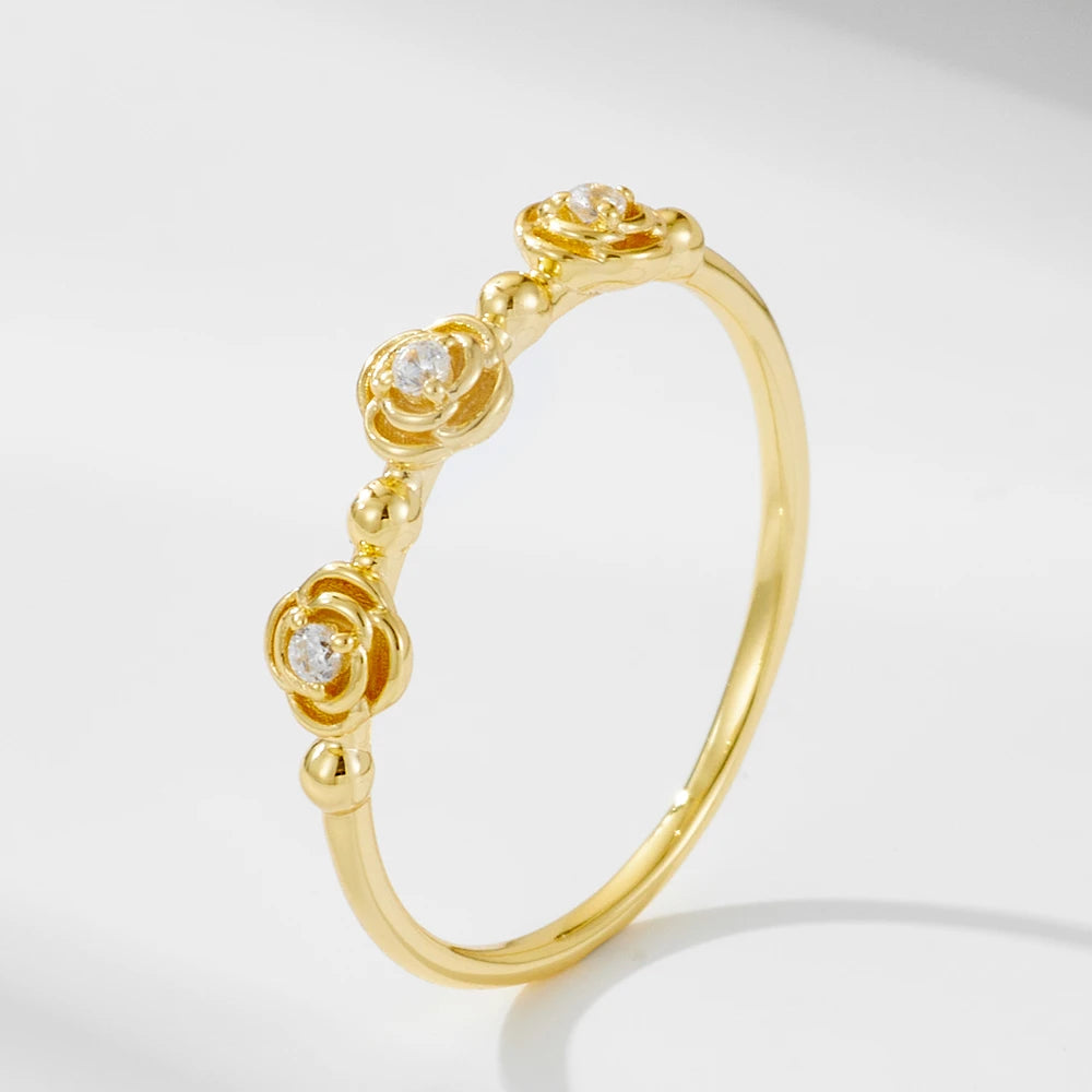Trendy Engagement Three Rose Flower Stackable 925 Sterling Silver Cubic Zircon Gold Plated Promise Wedding Rings for Women