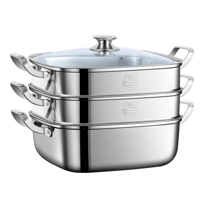 Square Steamer Household 316 Stainless Steel Thickened Three Steamer Drawer Multi-function Gas Induction Cooker Universal