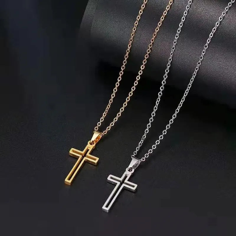 Newest Design Simple Party Jewelry Stainless Steel Jewelry Silver Gold Color Hollow Christian Cross Pendants Necklaces