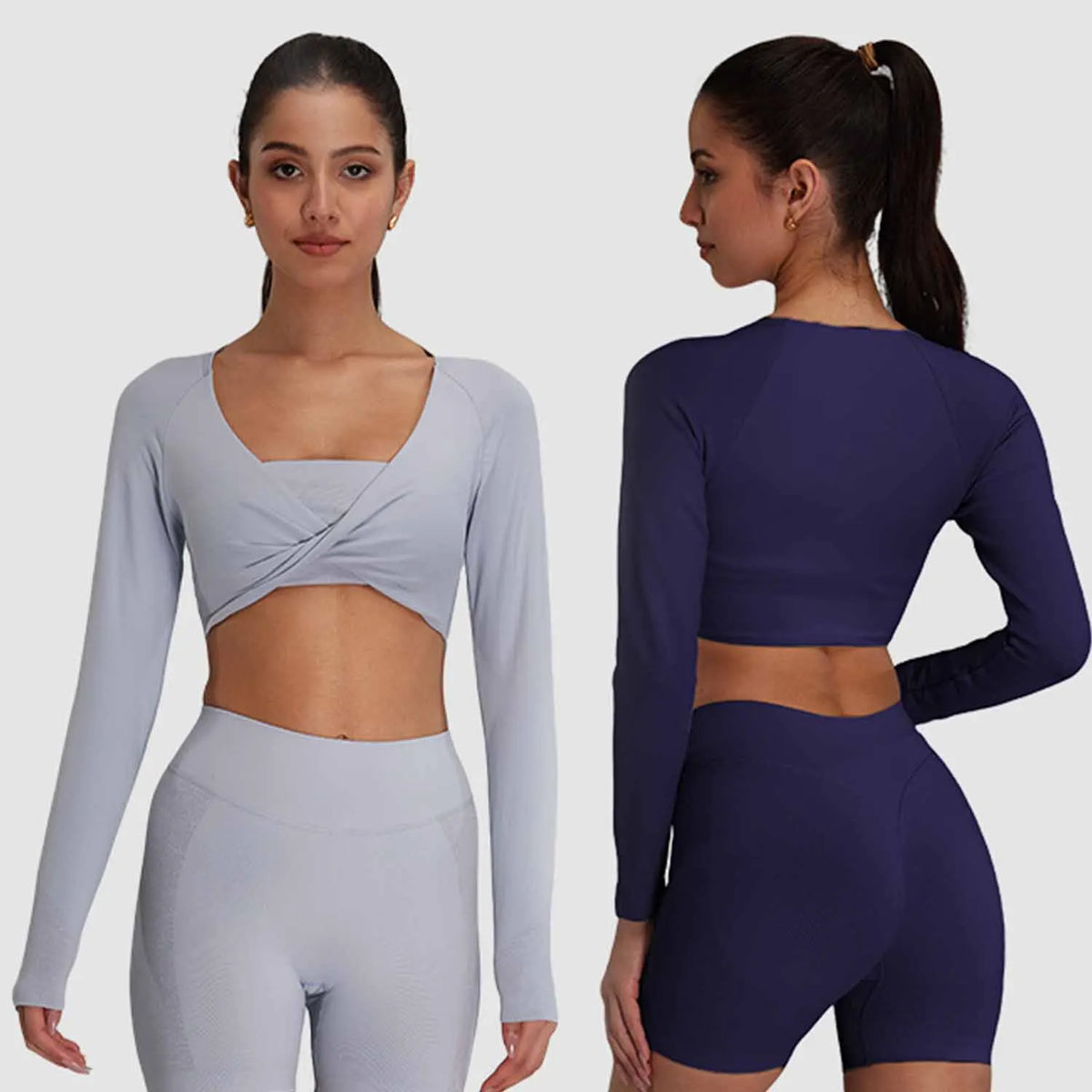 XW-Q075 Custom Elastic Gym Activewear Breathable Fitness Corset Long Sleeve Yoga Cross Front Women Workout Sports Crop Tops MegaBDM