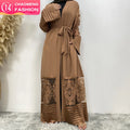 1546*# Best Sale Design Nida Material Solid Color Stitching Flower Applique Mesh With Side Pockets Classy Women Fashion Cardigan