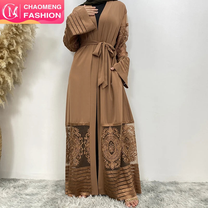 1546*# Best Sale Design Nida Material Solid Color Stitching Flower Applique Mesh With Side Pockets Classy Women Fashion Cardigan