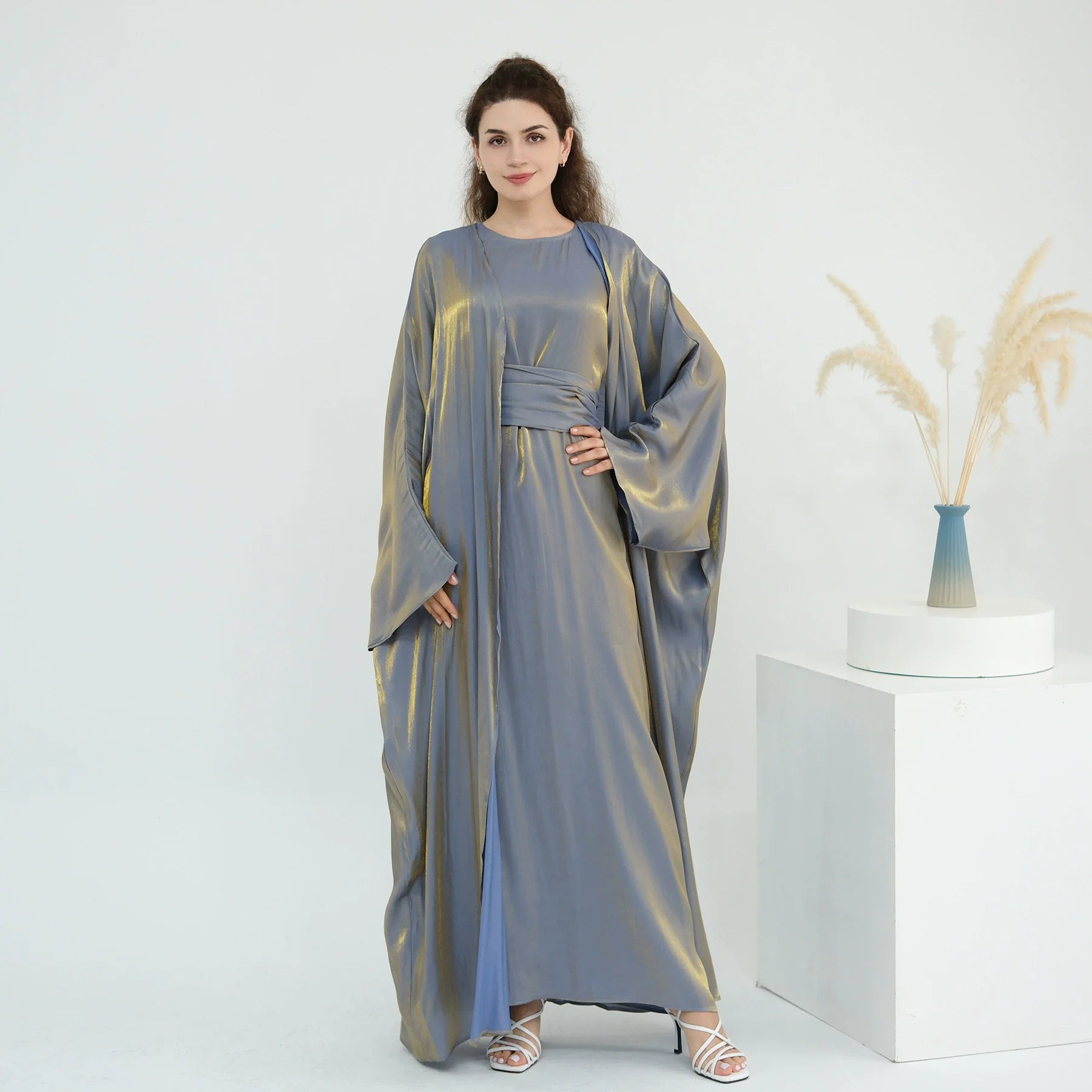 New Arrival 2 Piece Set Eid Inner Dress and Open Abaya Shiny Islamic Clothing