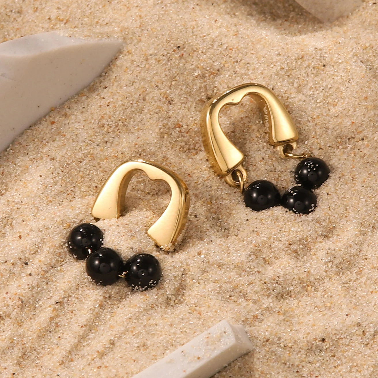 14k Gold Stainless Steel Stud Earrings Vintage Black Semi-precious Pendant U-shaped Earrings for Women Girls
