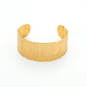 QIAOREN 12675 18K Gold Bark Texture Wide Open Cuff Bracelet Stainless Steel Hand Hammered Streaky Adjustable Stackable Jewelry