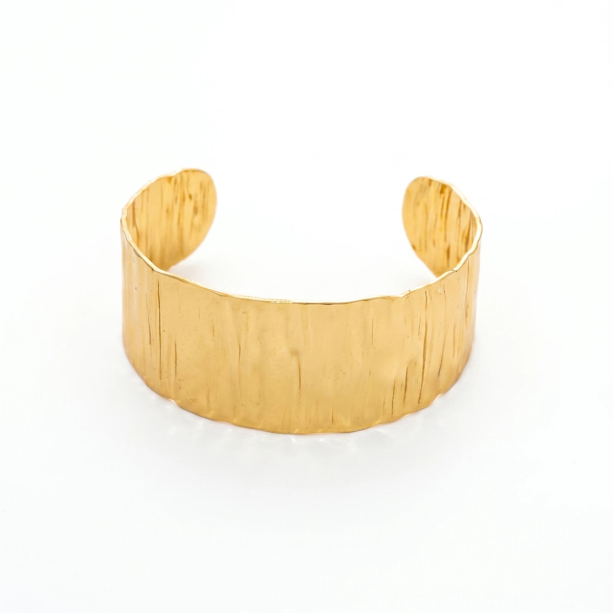 QIAOREN 12675 18K Gold Bark Texture Wide Open Cuff Bracelet Stainless Steel Hand Hammered Streaky Adjustable Stackable Jewelry