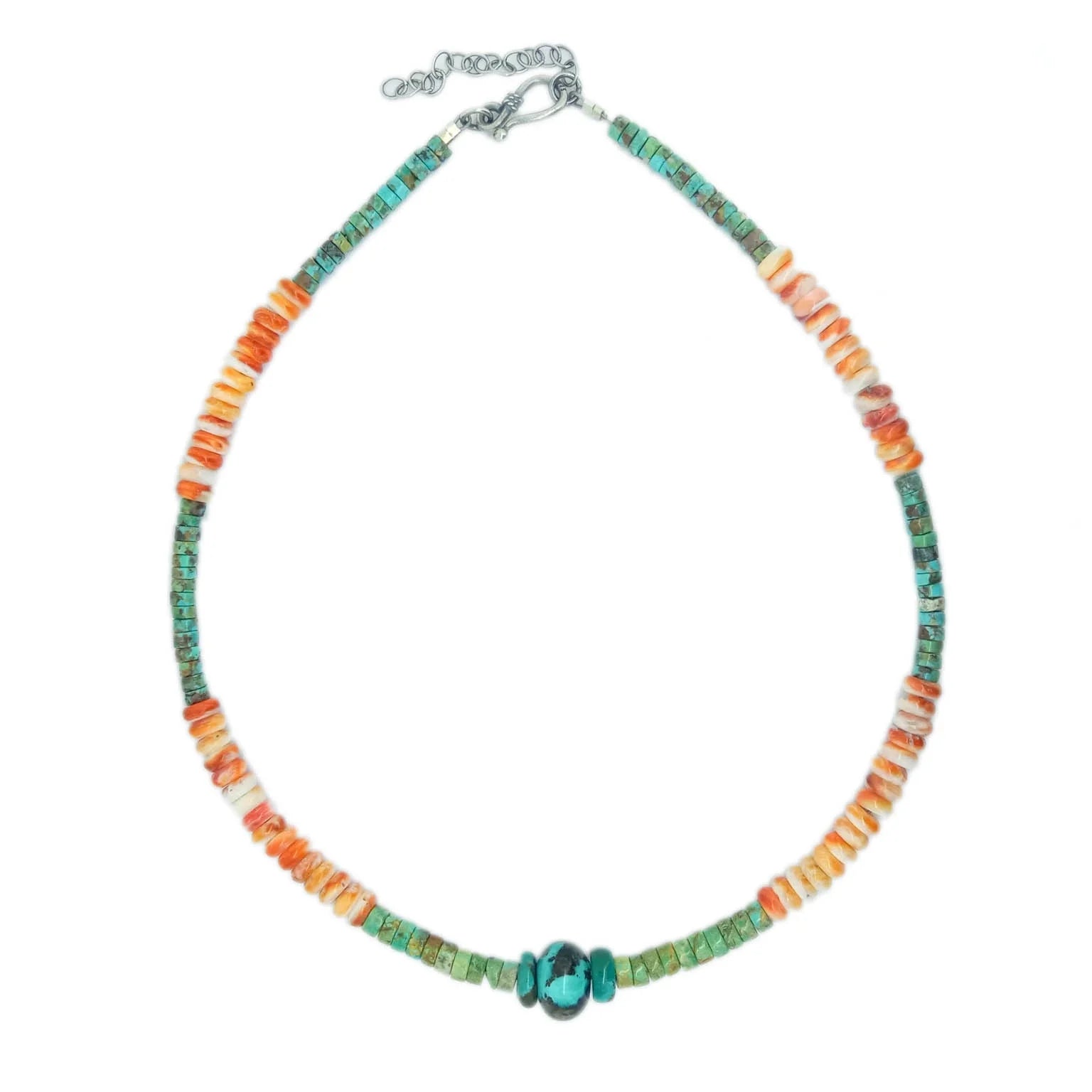 925 Sterling Silver Natural Turquoise with Spiny Oyster Shell Necklace 16inch