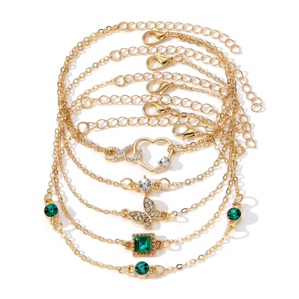European American Women's 4-Piece Set Butterfly Love Retro Green Diamond Square Trendy Fashion Jewelry Alloy Gold Plated Bangles