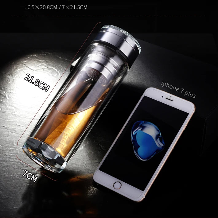 Rhombus Crystal Glass Tea Infuser Sports Bottle 250ml Eco-Friendly Direct Drinking Minimalist Design Customized Brand Logo