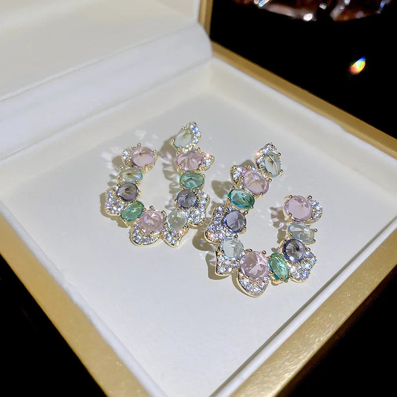 INS Zircon Diamond Irregular U-Shaped Exaggerated Earrings Wholesales Elegant Pink Crystal 18k  Earrings