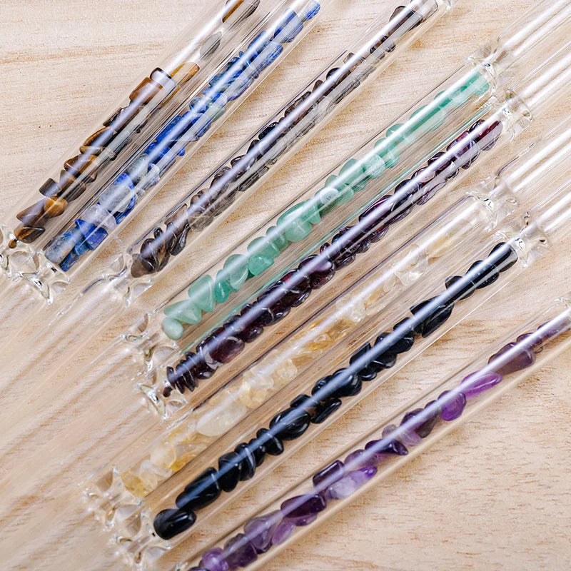 Natural Healing Crystal Glass Straws Crystal Gravel Tumbler Straw Chakra Energy Gemstone Drinking Straws Food Safe and BPA Free