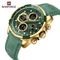 NAVIFORCE 9197 GGNGN Green Leather Band Big Dial Sports Male Chronograph Luminous Hands Double Display Quartz Men Wrist Watches