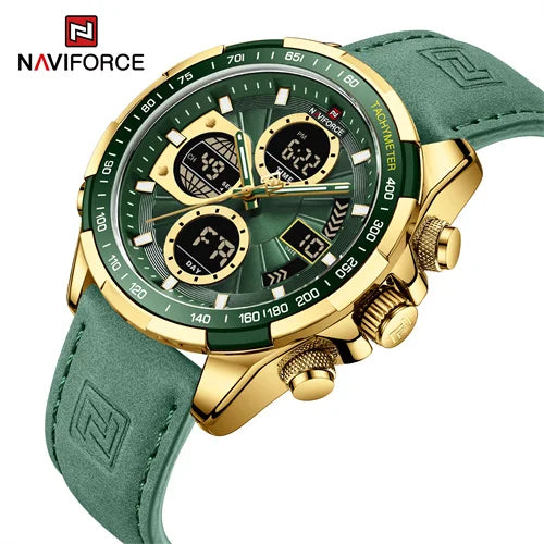 NAVIFORCE 9197 GGNGN Green Leather Band Big Dial Sports Male Chronograph Luminous Hands Double Display Quartz Men Wrist Watches