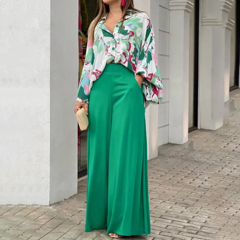 Wholesale of 2026 Spring European and American Printed Shirts Elegant and Wide Leg Pants Fashionable and Casual Women's Sets