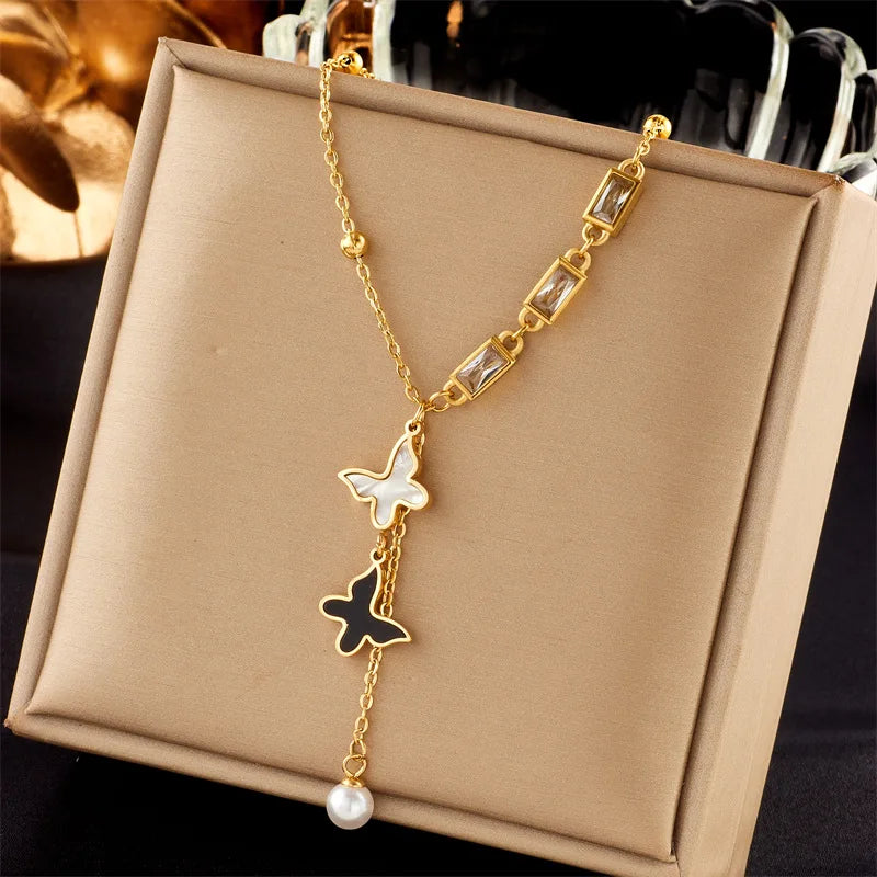 High-End Titanium Steel Clavicle Chain Shell New Style Light Luxury Link Chain Butterfly Square Zircon Heart Pendant Buddhism
