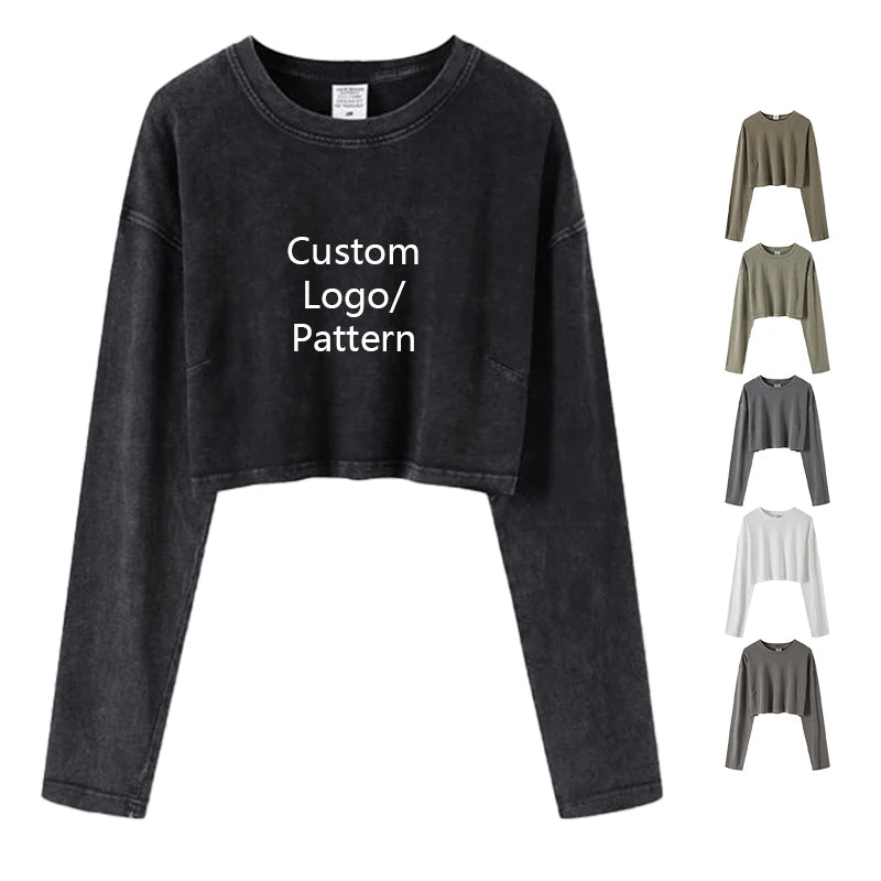 OEM Women's Casual 260GSM 100% Cotton Crew Neck Long Sleeve T Shirt Good Quality Blank Crop Top Solid Vintage Oversized Autumn