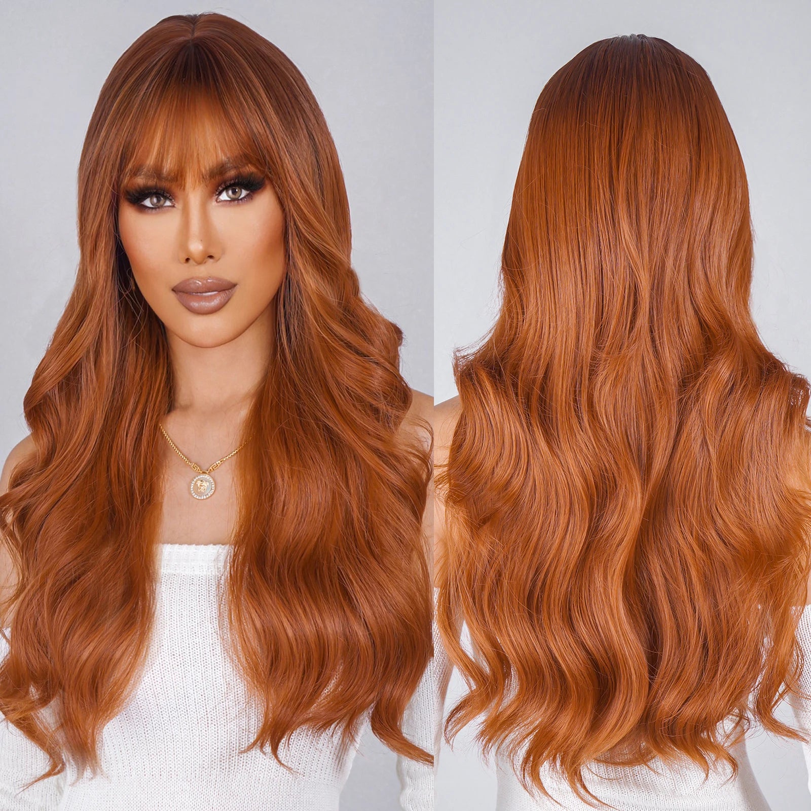 Factory Wholesale Price Long Curly Orange Brown Copper Synthetic Wigs with Bangs Natural Wavy Hair Wig for Women Afro