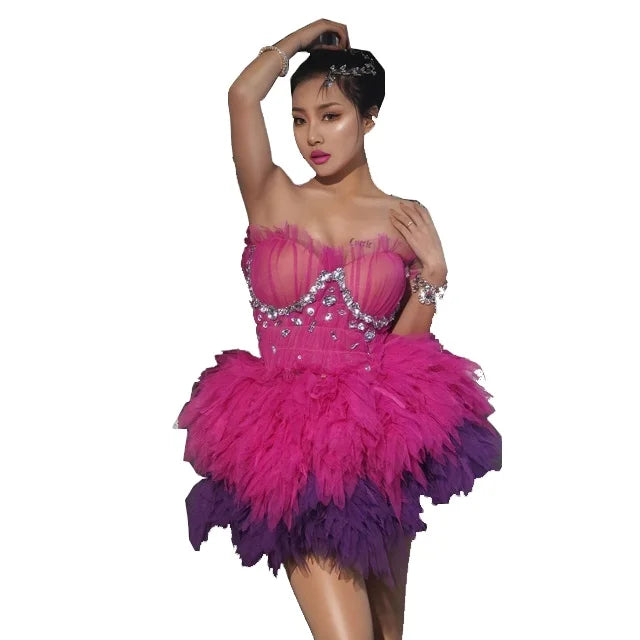 Birthday Mini Dress Silver Rhinestone Sleeveless Short Evening Women Dance Show Outfit