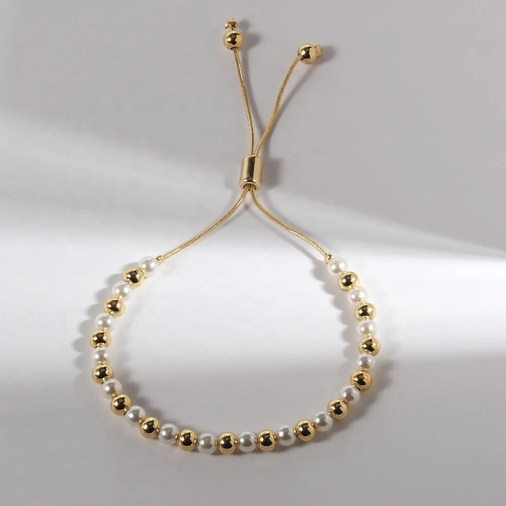 JH Fashion Beautiful Jewelry Small 5mm Pearl Golden CCB Beads Bracelet Snake Chain Stretch Adjustable Bracelet