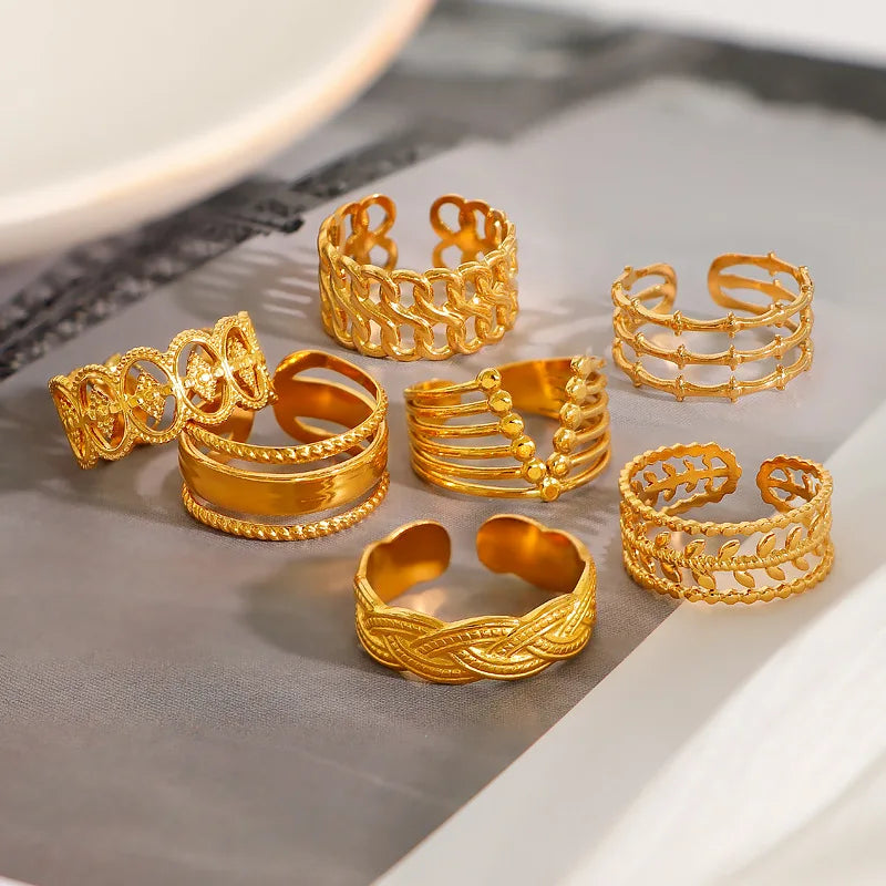 Stainless Steel Jewelry 2023 Hollow Wave Irregular Open Rings Tarnish Free 18K Gold Plated Adjustable Western Women Rings