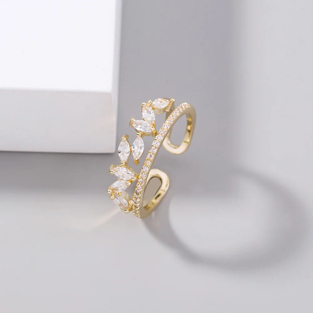 Anillo De Hoja Double Layers Diamond Leaves Finger Rings Crystal CZ Olive Leaf Open Rings for Women