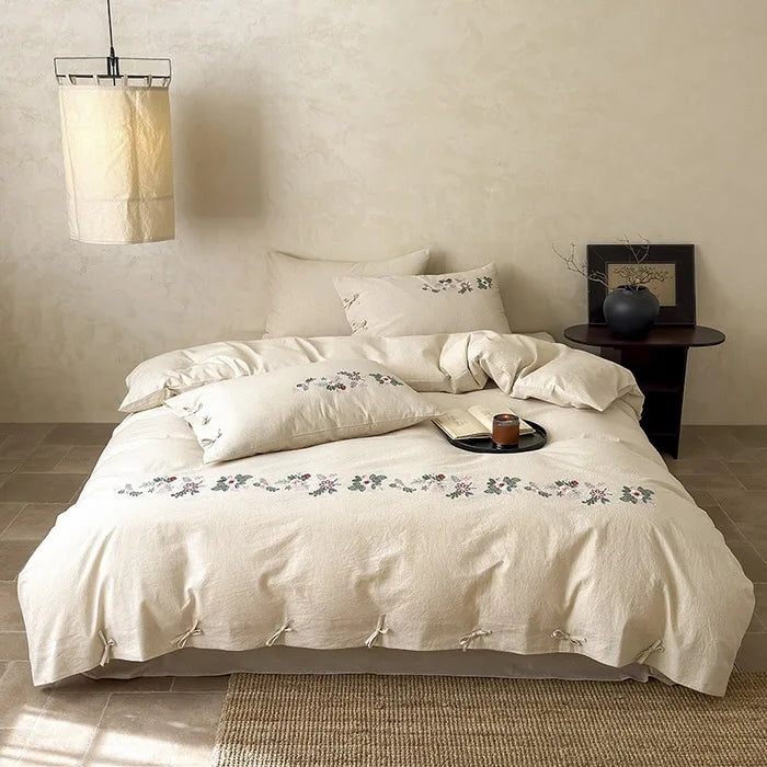 Pastoral Style Linen Cotton Home Textiles Beige Embroidery Comforter Duvet Cover 4pcs Bedding Set