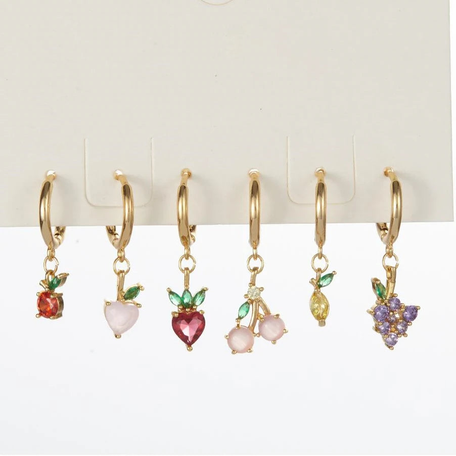 SP Dainty Women Jewelry Mixed 10 Fruits 18K Gold Plated 925 Sterling Silver Zircon Dangle Peach Fruit Hoop Earrings