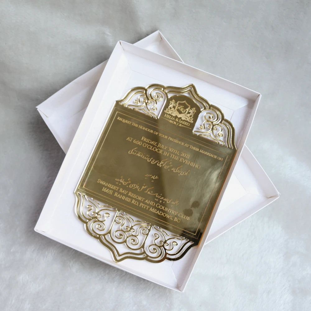 Fashion Laser Gold Mirror Acrylic With a Box and Customized Engraved Text Gold Mirror Acrylic Menu Cards
