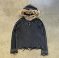 Custom Streetwear Hoddie Men Fur Hood Pullover Waffle Knit Faded Raw Hem Cotton Print Distressed Vintage Acid Wash Hoodie Unisex