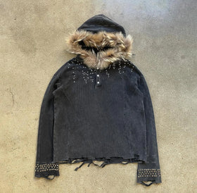 Custom Streetwear Hoddie Men Fur Hood Pullover Waffle Knit Faded Raw Hem Cotton Print Distressed Vintage Acid Wash Hoodie Unisex