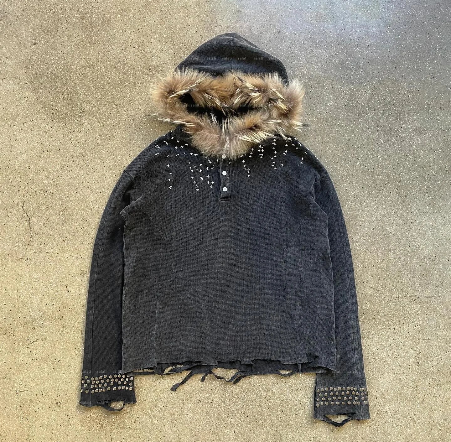Custom Streetwear Hoddie Men Fur Hood Pullover Waffle Knit Faded Raw Hem Cotton Print Distressed Vintage Acid Wash Hoodie Unisex