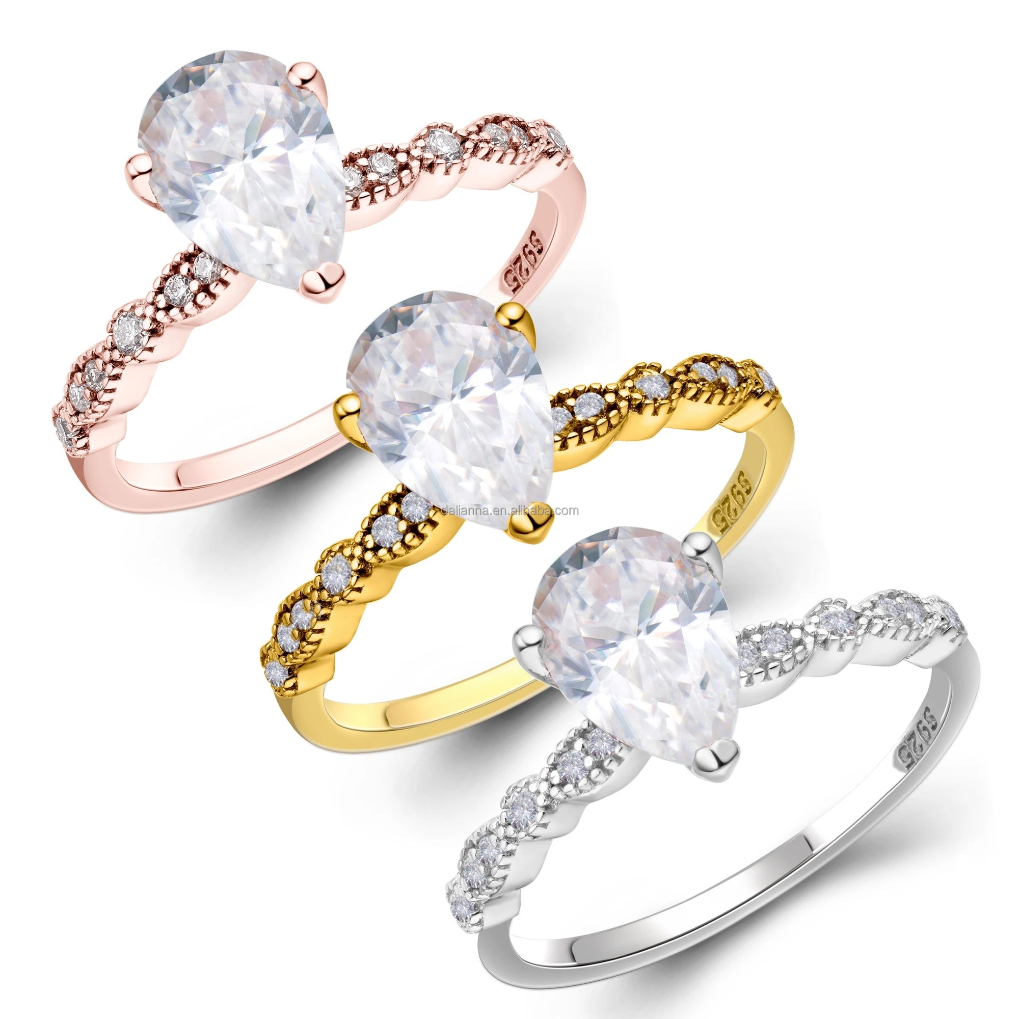 Custom 925 Silver Moissanite Diamond Ring Classic Brief 18K Rose Gold Plated Pear Shape Gray Moissanite