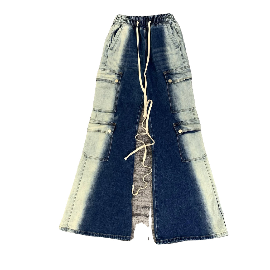 DENIMGUYS Men's Vintage Baggy Cargo Jeans High Street Multi Pockets Men Gradient Color Faded Wased Loose Denim Trousers